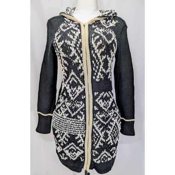 Venus Black White Hooded Knit Cardigan Sweater Coat Zip Front Size Small - Picture 1 of 10